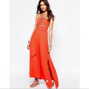 FREE PEOPLE Maxi Dress Lace Up Orange Flowy M